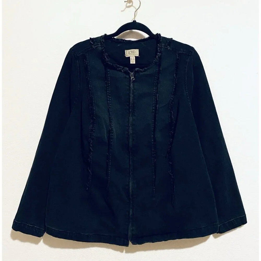 LOGO Lori Goldstein Jacket Womens 22W Black Denim Zip Up Frayed Seams Boho